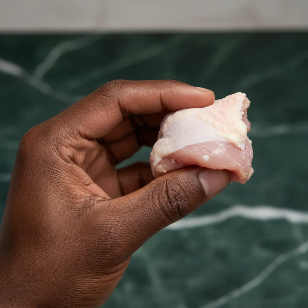 Main tenant un croupion de dinde nature cru, mettant en valeur la texture tendre de cette volaille idéale pour recettes variées.